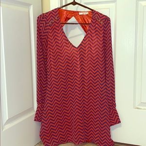 Coral and Navy Long Sleeve Open-Back Dress